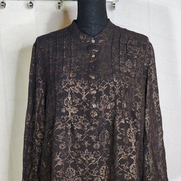 Chico's Dark Brown Gold Silk Foil Sheer Floral Print LS Blouse Chico Sz 3 US XL - Picture 3 of 16
